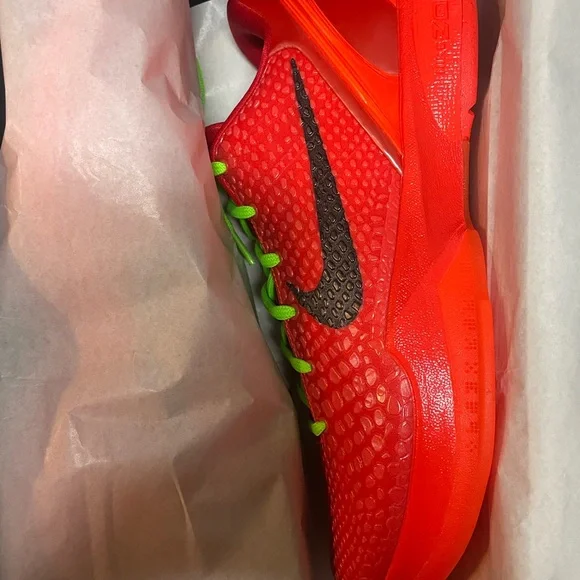 Nike Kobe 6 Protro Reverse Grinch Red and Black Athletic Shoes with Green Laces - Picture 3 of 10